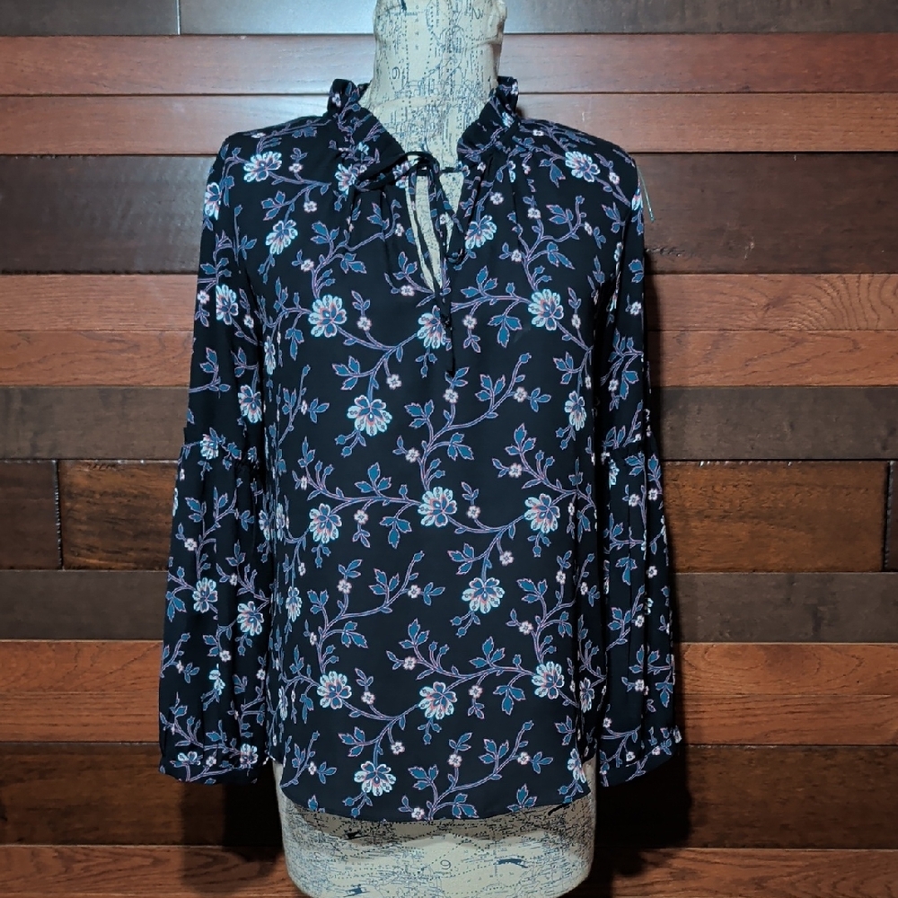 LOFT Navy Blue Floral Blouse with Purple Accents